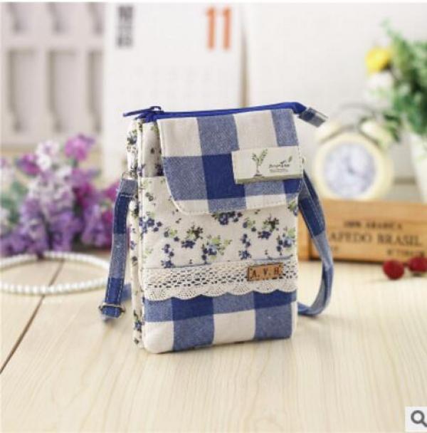 Women's Cotton Wallets Floral Plaid Phone Purses Coin Pouches Shoulder Bags