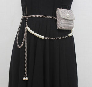 Chic Mini Rhinestone Waist Pack with Pearl Chain for Women