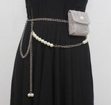 Chic Mini Rhinestone Waist Pack with Pearl Chain for Women