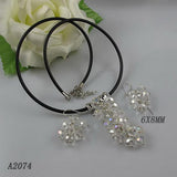 Black Leather Crystal Beads Grape Necklace 925 Silver Earrings Set