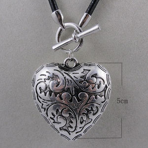 Big Silver Heart Leather Necklace Charming Girl Gift