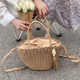 Retro Summer Beach Bag Rattan Handbag Women Hand-woven Straw Shoulder Bag