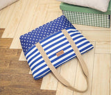 Striped Canvas Handbag Casual Shoulder Shopping Beach Bag Zip