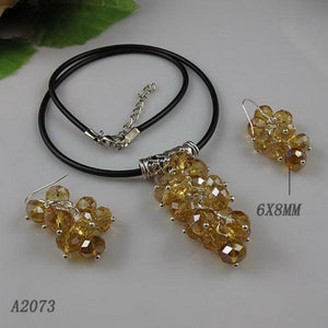Black Leather Crystal Beads Grape Necklace 925 Silver Dangle Earrings