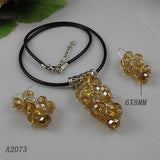 Black Leather Crystal Beads Grape Necklace 925 Silver Dangle Earrings