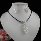 Black Leather Crystal Beads Grape Necklace 925 Silver Earrings Set