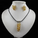 Black Leather Crystal Beads Grape Necklace 925 Silver Dangle Earrings