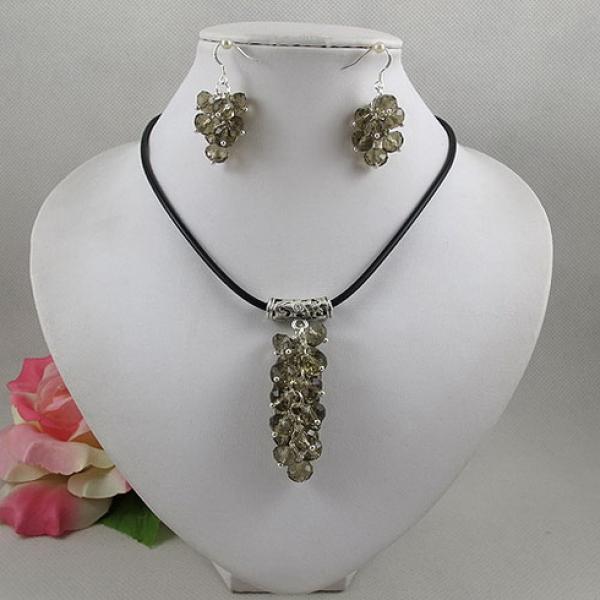 Black Leather Crystal Beads Grape Necklace and Earrings Set