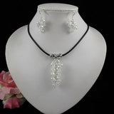 Black Leather Crystal Beads Grape Necklace 925 Silver Earrings Set