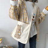 Canvas Plush Shoulder Bag with Bear Embroidery