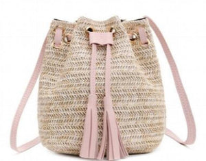 Double Tassel Bucket Bag Straw Crossbody