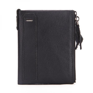 Men's Leather Wallet Double Zipper Coin Purse Short Oil Wax Leather Wallet