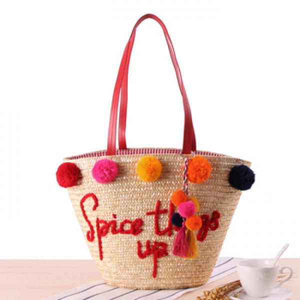 Women Summer Beach Bag With Hairball Tassel Large Tote Letter Messager Bag