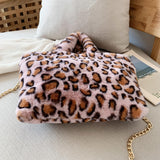 Leopard Faux Fur Shoulder Bag Chain Messenger Large Plush Handbag