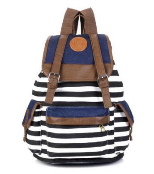 Female Striped Printing Canvas Backpack Student School Bag
