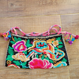 Embroidery Pattern Shoulder Bag with Pompon, Small Crossbody Bag