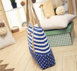 Striped Canvas Handbag Casual Shoulder Shopping Beach Bag Zip
