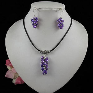 Black Leather Baroque Freshwater Pearl Necklace Earrings Set