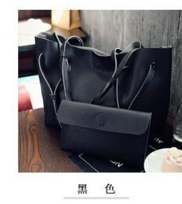 2Pcs Women's Bag Plain Tote Set Pink Grey Brown Clutch Lychee P