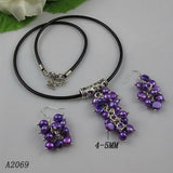 Black Leather Baroque Freshwater Pearl Necklace Earrings Set