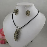 Black Leather Crystal Beads Grape Necklace and Earrings Set
