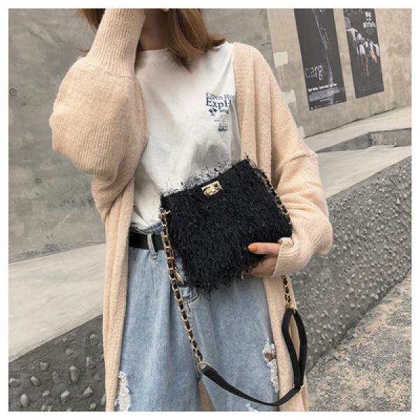Women Winter Tassels Plush Bag Chain Shoulder Satchel