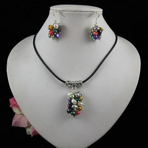 Black Leather Baroque Pearl Necklace Earring Set