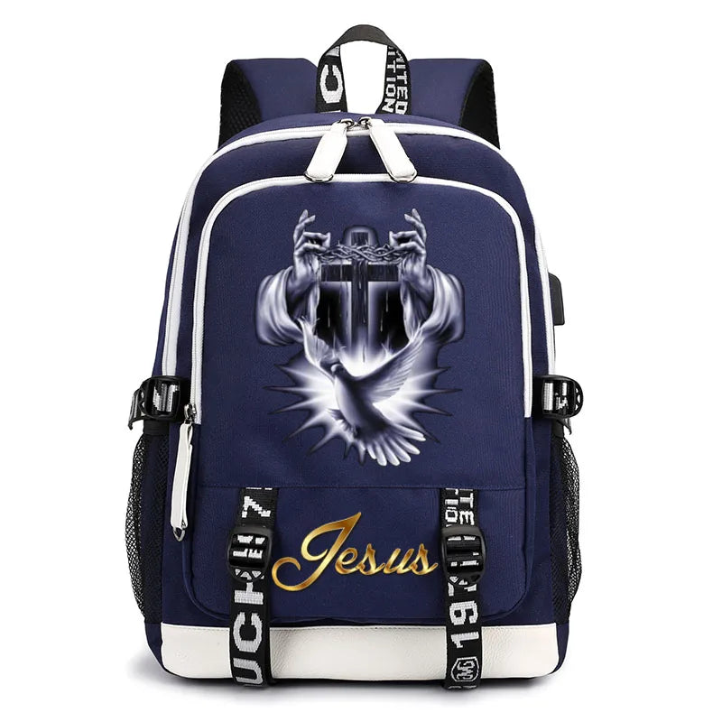 Jesus Cartoon USB Backpack School Bag for Boys and Girls