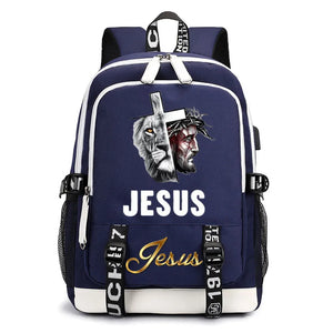 Jesus Cartoon USB Backpack School Bag Notebook Travel Bag