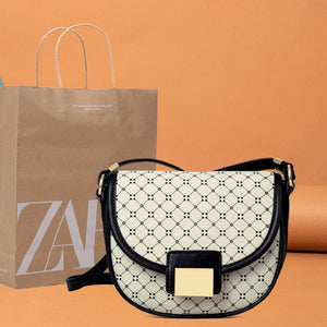 Geometric Print Leather Saddle Bag for Women