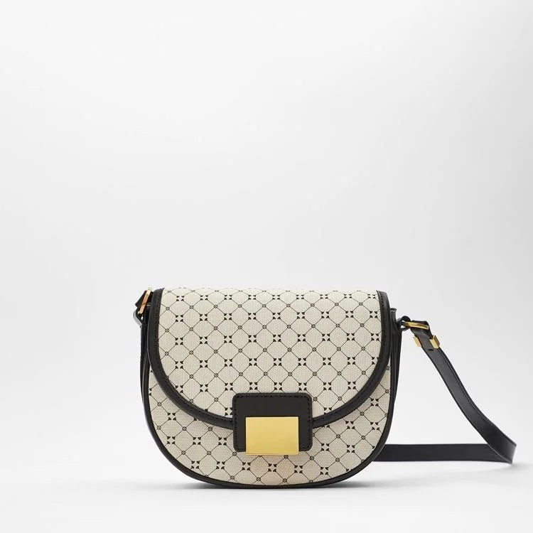 Geometric Print Leather Saddle Bag for Women