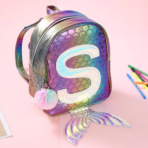 Mermaid Fish Backpack for Teens Holographic Laser Pattern Bookbag with Pom Pom