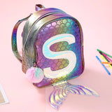 Mermaid Fish Backpack for Teens Holographic Laser Pattern Bookbag with Pom Pom