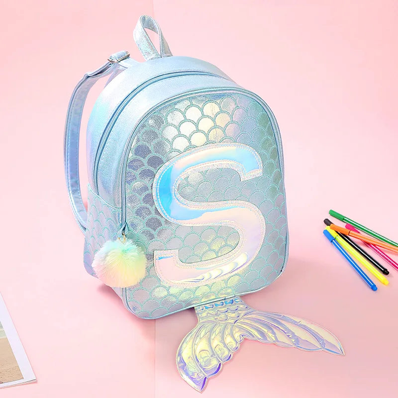 Mermaid Fish Backpack for Teens Holographic Laser Pattern Bookbag with Pom Pom