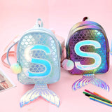 Mermaid Fish Backpack for Teens Holographic Laser Pattern Bookbag with Pom Pom