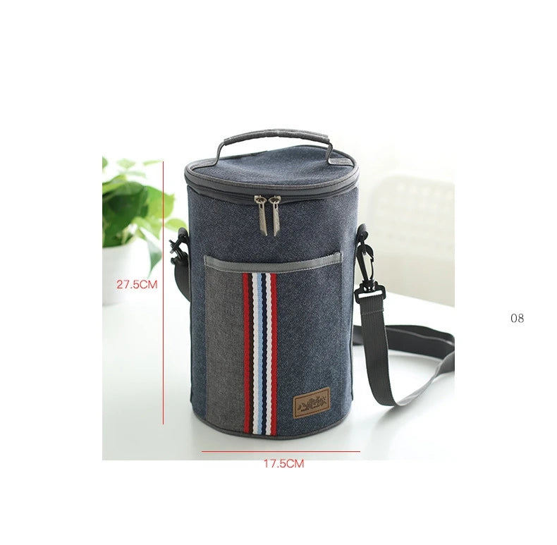 Cylindrical Thermal Lunch Bag Cooler Picnic Bag Canvas Lunch Box