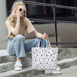 Large Beach Tote Shoulder Bag Geometric Silver