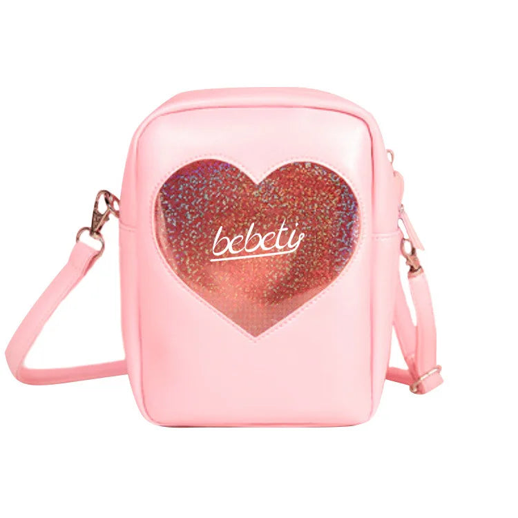 Pink Diamonds Girls Messenger Bag Heart Handbags Shoulder Bag PVC Soft Women