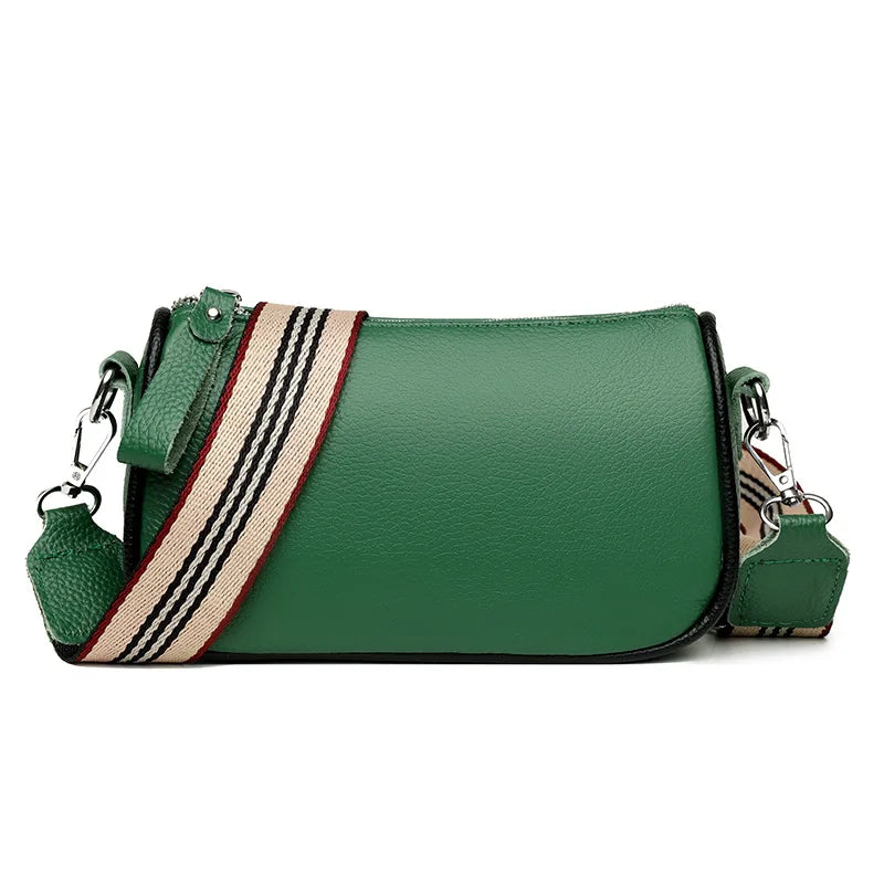 PU Leather & Cowhide Shoulder Bag Wide Strap Messenger