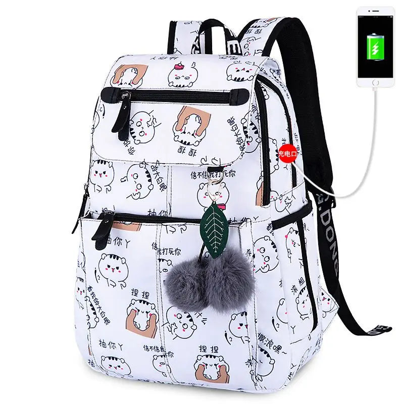 Cat School Backpack for Girls with USB Charging Port