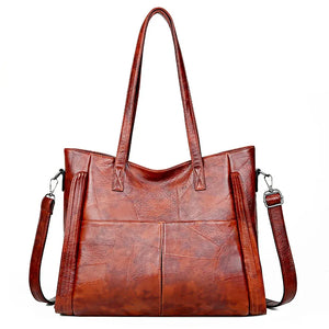 Vintage Large Double Pocket Women Leather Tote Bag