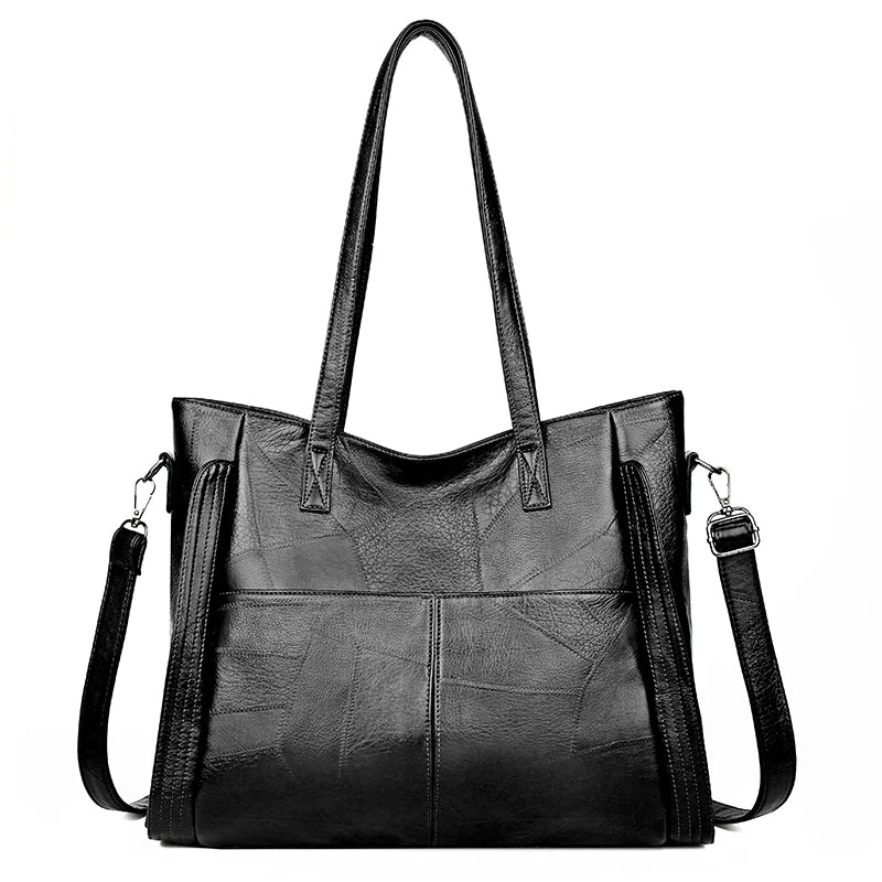 Vintage Large Double Pocket Women Leather Tote Bag