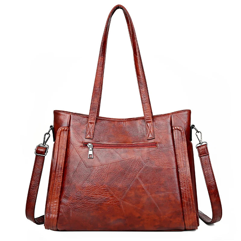 Vintage Large Double Pocket Women Leather Tote Bag