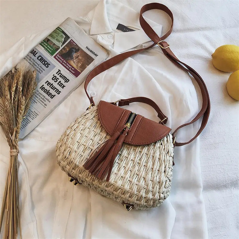Vintage Tassel Saddle Rattan Women Shoulder Crossbody Bag