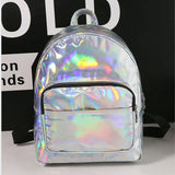 Women Holographic Backpack Silver School Bag Leather