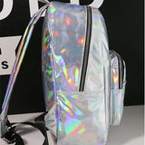 Women Holographic Backpack Silver School Bag Leather