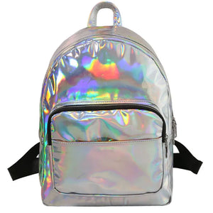 Women Holographic Backpack Silver School Bag Leather