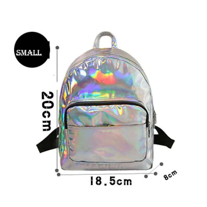 Women Holographic Backpack Silver School Bag Leather