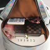 Women Holographic Backpack Silver School Bag Leather
