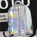 Women Holographic Backpack Silver School Bag Leather